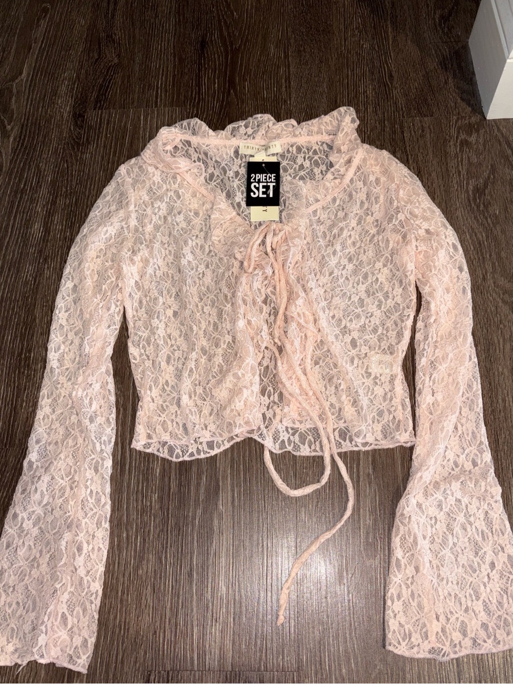 Thirty/Thirty L.A. Sheer Pink Floral Lace Tie-Front Cardigan Crop Top